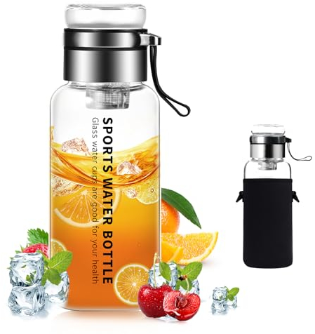 Glasflasche 1 liter /1l - 1,5 liter - Wasserflasche Trinkflasche Glas mit Neoprenhülle - Glastrinkflasche mit Edelstahl-Sieb, Glasdeckel als Becher verwendbar, für Wasser & Getränken (1500ml)
