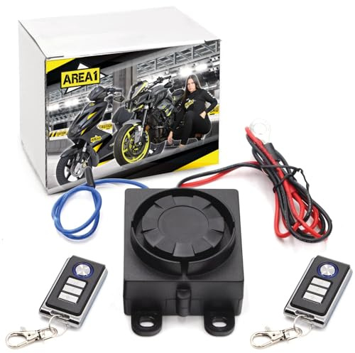 Area1 universal 12V Motorrad Motorroller Alarmanlage Easy 2 Fit einfache Montage mit nur 2 Kabeln, 2 Funkfernbedienungen inklusive, 125dB, Diebstahlschutz, Alternative zu Scheibenbremsenschloss
