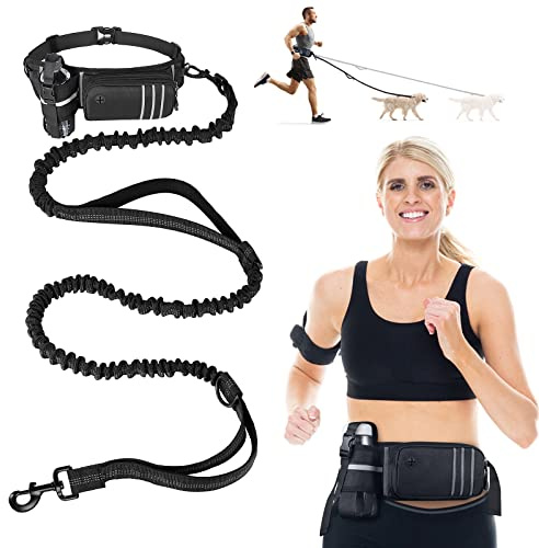 Joggingleine für Hunde mit Bauchgurt & Hüfttasche, Freihandleine mit Stoßdämpfer, Reflektierend, Doppelgriff, Verstellbar für kleine, mittelgroße & große Hunde – Ideal zum Joggen & Wandern
