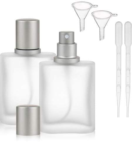 Tikplus 2 Stück Parfümflaschen Leer 30 ml, Parfüm Flakon zum Befüllen, Mattiert Parfümzerstäuber, Sprühflasche Parfüm Nachfüllbar mit Tropfer, Trichtern, Parfüm Glas Flaschen für Reisen Party (Grau)