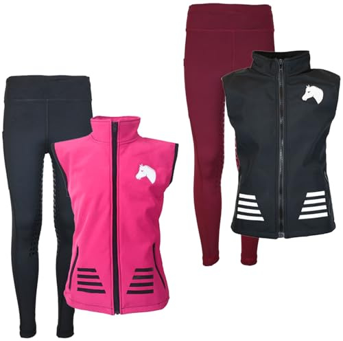 MS-Trachten Reitset Kinder Reitweste Softshell Juli Pink mit Silikon-Vollbesatz Reitleggings Schwarz (122/128)