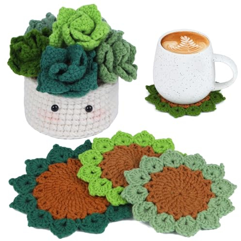 MASPHY Anfänger Häkelset, 6-Teiliges Set Teetasse Matte Häkelset, Einschließlich Garn, Zubehör, Schritt-für-Schritt Video Tutorial für Erwachsene Anfänger