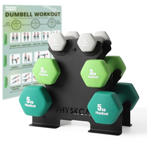 PhysKcal Kurzhantel 6er Set, Hexagon Hantelset mit Stahl Hantelständer, 2 x 1 kg, 2 x 3 kg, 2 x 5 kg, Mattes Finish, Neopren-Beschichtung, Krafttraining für Zuhause