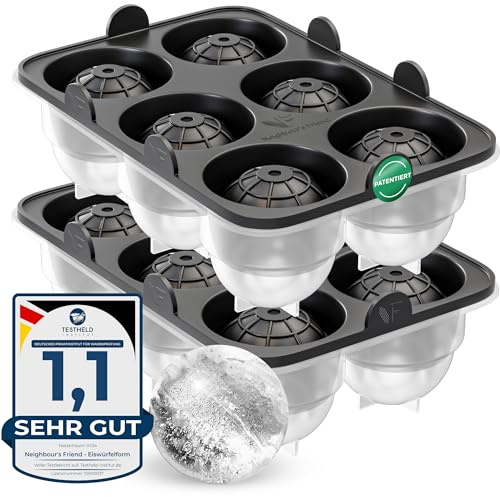 Neighbour's Friend Patentierte Eiskugelform 2er Pack - Große Eiswürfelform rund Platinsilikon für Cocktails, Whisky & Longdrinks - 12x Eiswürfel rund spülmaschinengeeignet - XXL Eiswürfel