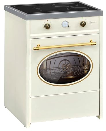 GURARI Induktionsherd mit Backofen 60 cm GCH E 612 Cr r + Grillplatte aus Gusseisen | Retro Range Coocker Standherd Induktionskochfeld 4 Kochzonen | Heißluft | Grill | Herd Induktion in Creme