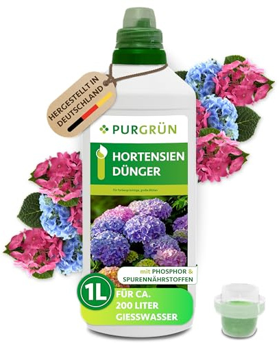 Purgrün® Hortensiendünger 1 Liter – Wirkt schnell & zuverlässig – Wunderelixier für Farbexplosion & Vitalität – Gesundes Wachstum dank Spurennährstoffen – Premium-Blumendünger für 200 Liter Wasser
