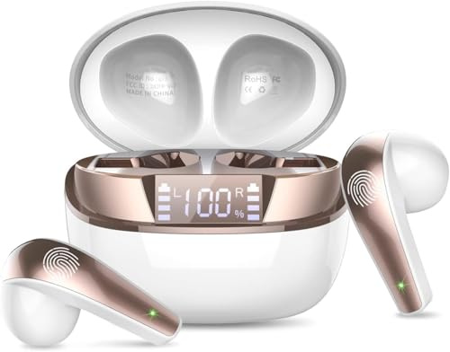 Bluetooth Kopfhörer, Kopfhörer Kabellos Bluetooth 5.3 In Ear Kopfhörer mit 4 Mic, Mini Kabellose Kopfhörer ENC Lärmreduzierung Earbuds, 40H Tiefer Bass,LED-Anzeige, IP7 Wasserdicht Ohrhörer, Weiß Gold