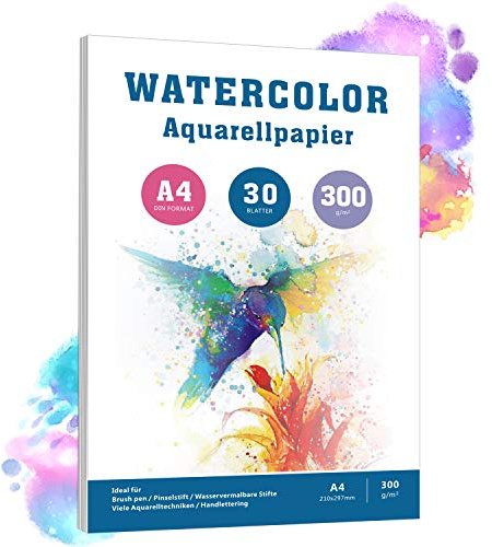 Aquarellpapier A4 300g/m², 30 Blätter, Säurefreies Weiß Aquarell Papier für Aquarellfarben Acryl Handlettering Skizzen, Malpapier für Anfänger & Profis, Kaltgepresst Mittelkörnig Watercolour Paper