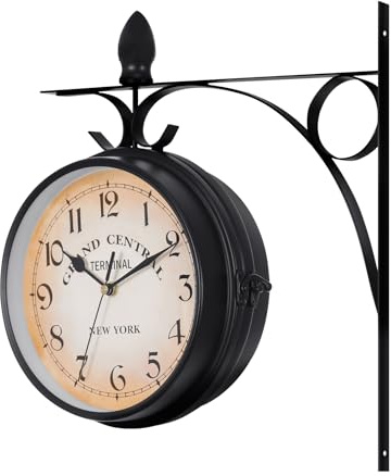 KayEsampra Bahnhofsuhr Doppelseitig (Berlin & New York), 29cm Groß Vintage Wanduhr, Bahnhof Wanduhren mit Halterung für Haus Küche Flur Wohnzimmer Kirche Bahnhof - Schwarz