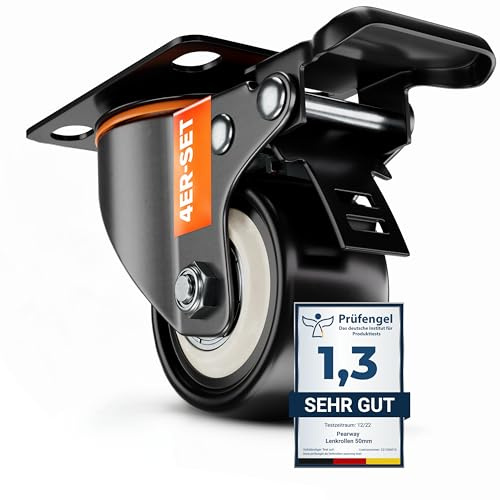 PEARWAY™ Schwerlastrollen 50mm - bis 320kg mit 4x Bremse - extra leise & langlebig - Möbelrollen mit Bremse - Rollen für Möbel & Schwerlast - Lenkrollen für Möbel & Outdoor - Laufrollen - Bockrollen