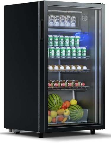 Devoko 93L Getränkekühlschrank für bis zu 130 Dosen, mit Glastür und LED-Innenbeleuchtung. Inklusive höhenverstellbarer Regale für Cola, Bier und Wein. Ideal für Haushalt und Büro in Schwarz.