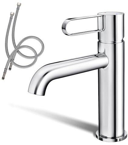ALPHA HOME Mischbatterie Bad Wasserhahn Badarmatur Waschtischarmatur mit Wassersparfunktion, Einhebelmischer mit 60cm Anschlussschlauch für Gäste WC Bad, Chrom
