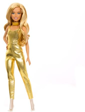 Barbie Fashionistas Puppe #222, Petite Körpergröße mit welligen blonden Haaren, goldenem Jumpsuit und Accessoires, sammelbare Modepuppe zum 65. Jubiläum, HRH19, Gold