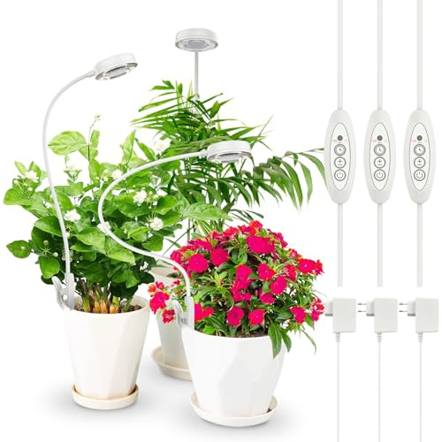 SANSI Pflanzenlampe Dimmbar, 10W Pot-Clip Grow Light, 3/6/12H Timer, 3-Pack | LED Vollspektrum Pflanzenlicht für Zimmerpflanzen, 4 Helligkeitsstufen, Wachstumlampe für kleine Pflanzen, Weiß