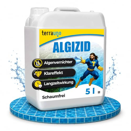 TerraUno Algizid für Pool, Algenvernichter Pool zum Schutz vor Algen, Pilzen & Bakterien, 5 L Pool Algenvernichter mit Klareffekt für sauberes und klares Badewasser