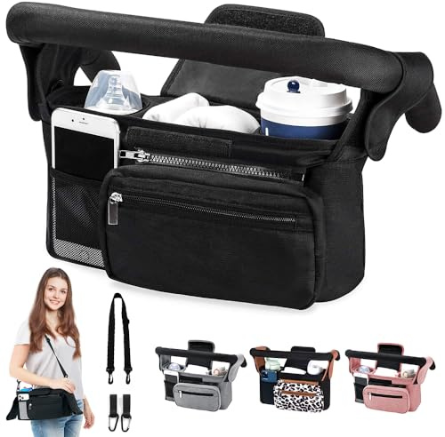 HINATAA Buggy Kinderwagen Organizer, Baby Kinderwagen Tasche mit 2 Getränkehalter, Buggy Organizer Kinderkarre mit Schultergurt & 2xSecure Hooks, Kinderwagen Zubehör mit Reißverschlusstasche (Schwarz)
