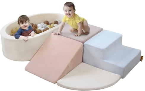 BanaSuper Schaumstoff-Kletterblöcke für Kinder, Baby Schaumstoff Bausteine XXL mit Bällebad, Kletterblöcke mit Bällepool (Kein Ball), Kinder Softplay-Set mit Ballgrube, EN71-zertifiziert, Blau Rosa