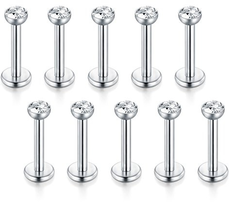 Funseedrr 10er 1.2mm Edelstahl Lippenpiercing Labret Stecker Set 8mm Silber Tragus Helix Piercing Schmuck