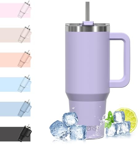 WATERSY 40oz Kaffeebecher to Go Thermobecher Doppelwandiger Edelstahl Vakuum Auslaufsicher Trinkbecher mit Griff und Strohhalm Thermal Tumbler Lila