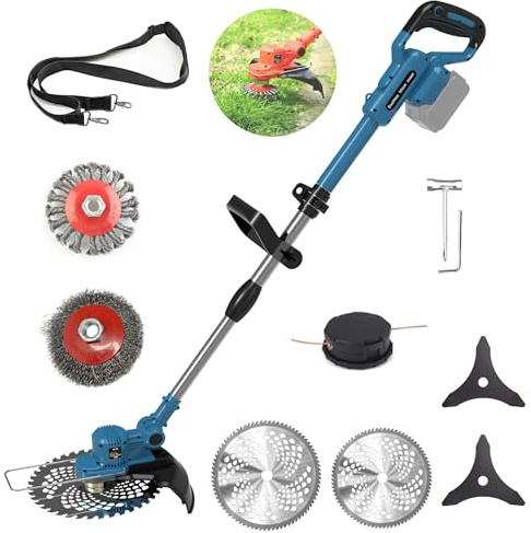 Akku Rasentrimmer für Makita Rasentrimmer Akkus mit 5 Klingentypen Bürstenlose Rasentrimmer mit Unkrautbürste mit Tap&go (ohne Akku) (Blue)