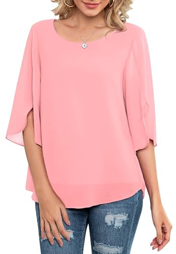Neineiwu Damen Chiffon Tunika Lässig 3/4-Ärmeln Bluse Mesh | Rundkragen，Loose Fit Oberteile，Fließende,Locker,Elegant,Casual,Freizeit