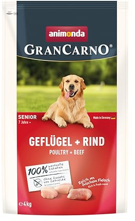 animonda GranCarno Senior Hundetrockenfutter Geflügel + Rind (1 x 4 kg) | Trockenfutter für ältere Hunde ohne Gluten und Weizen, Hundefutter trocken mit hoher Bekömmlichkeit