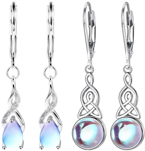 Srup 2 Paare Mondstein Ohrringe, Silber, irischer keltischer Knoten Herz und Zirkonia Creolen Ohrringe, HäNgende Mondstein OhrhäNger Silver