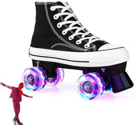 WING Hi-PE Canvas 4 Rollen Rollschuhe Quad Erwachsene Herren Damen Classic Inlineskates aus Segeltuch, doppelte Reihe, Skates für drinnen und draußen, Schwarz, 43