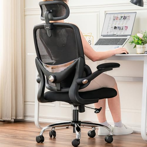 TONFARY Ergonomischer Bürostuhl für Zuhause, hoher Netzrücken, mit Verstellbarer Lendenstütze, klappbare Armlehnen, abnehmbares Kopfstütze, drehbarer Gaming-Stuhl, platzsparend, 150KG (Schwarz)