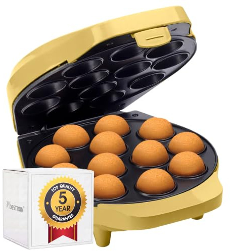 Bestron Waffeleisen für Cake-Pop's im Retro Design, Cake-Pop-Maker inkl. Cake-Pop-Butler, Gabel & 12 Cake-Pop-Sticks, mit Antihaftbeschichtung, 700 W, Farbe: Gelb