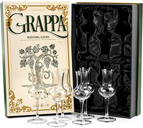GLASSIQUE CADEAU Kristall Grappa und Likör Gläser | 6er Set | Kleines 90 ml Grappagläser für Aperitif, Digestif Spirituosen, Limoncello, Schnapps, Sambuca | Schnapsgläser mit Langem Stiel