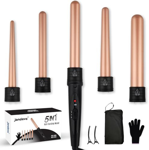 5 in 1 Lockenstab Set - janelove 10-32mm Keramik Lockenstab mit Verschiedenen Aufsätzen für Große und Kleine Locken, 2 Einstellbare Temperatur Lockenwickler Kit mit Handschuhe & Nylontasche (Roségold)