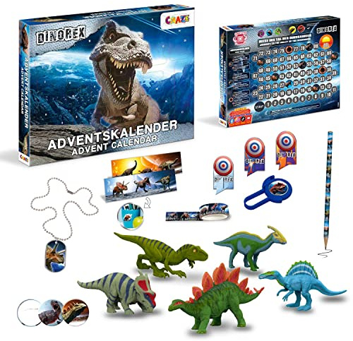 CRAZE DINOREX Adventskalender 2026 Kinder mit Figuren | 24 Türchen mit 5 Dino-Figuren, Stickern, Schreibwaren & Brettspiel – ab 3 Jahren