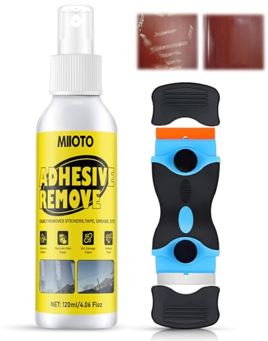 Miioto 120ml Etikettenlöser, Klebereste Entferner, Aufkleber Entferner, Sekundenkleber Entferner, mit Schaber, Entfernt Schnell Hartnäckige Klebereste, Kleber Entferner