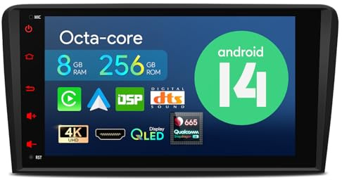 XTRONS 8 Zoll QLED IPS Android 14 Autoradio Qualcomm 665 Octa Core 8GB 256GB Eingebautes 4G LTE Car Play Android Auto HDMI-Ausgang WiFi GPS Bluetooth 5.0 Optional DAB OBD Für Audi A3 S3 RS3