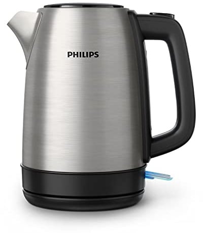 Philips Daily Collection Metall Wasserkocher – 1,7L, Leuchtanzeige, 360°-Basis, Mikro-Sieb-Filter, Flaches Heizelement, Sprungdeckel, Energiesparend, Sicheres Design, Schnelles Aufkochen (HD9350/90)