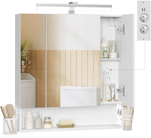VASAGLE Spiegelschrank Bad mit Beleuchtung, 16,5 x 70 x 75 cm, Steckdosen, Hängekorb, Haartrockner-Halter, Spiegelschrank, Badschrank, Wandschrank, für Badezimmer, wolkenweiß BBK126W01