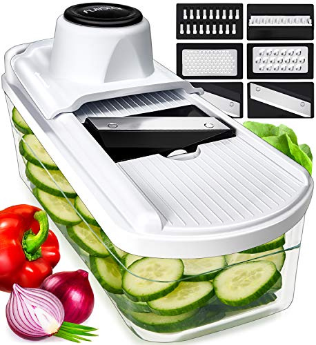 Fullstar Mandoline Gemüsehobel und Gemüsereibe - Küchenhobel Dünne Scheiben für Gemüse Gurken Karotten Kartoffeln Früchte - Küchenreibe für Käse - Küchenzubehör und Küchengeräte (7-in-1)