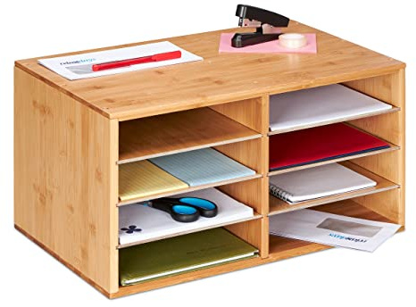 Relaxdays Dokumentenablage Bambus, DIN A4, 8 Fächer, Büro Organizer, HxBxT: 25 × 49 × 31 cm, Schreibtischablage, Natur