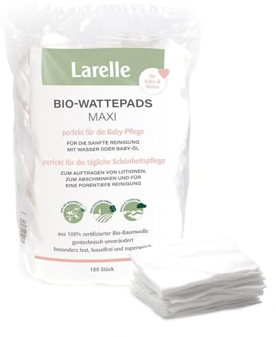 Larelle Bio-Wattepads Maxi für Mama & Baby, 180 Stück, GOTS Ecocert, perfekt für die Baby-Pflege und die tägliche Schönheitspflege