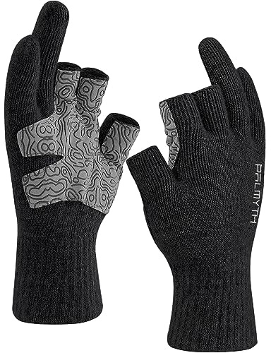 Palmyth Woll-Angelhandschuhe 3 offene Fingerkuppen für Damen und Herren | 55 % Wolle,3 Freie Finger,rutschfeste Handfläche, Elastische Bündchen,für Fliegenfischen, Fotografie und Outdoor Bei Kälte