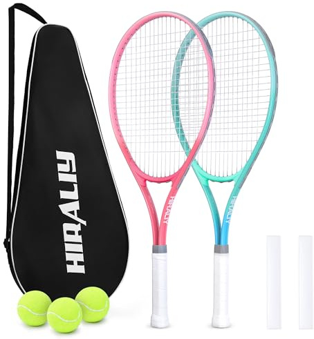 HIRALIY Tennisschläger-Set für Erwachsene, 68,6 cm, vorbespannte Tennisschläger für 2 Spieler, 2 Overgrip-Bänder, 3 Bälle und 1 Tragetasche, Outdoor-Freizeitsport für Anfänger