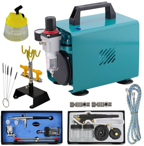 AMUR Profi-Airbrush Set Car Design I mit sehr leisem Airbrush Kompressor, 2 Pistolen, Manometer Halter, 3 in 1 Cleaning Pot, 5Stck. Reinigungsbürsten sowie Kleinzubehör