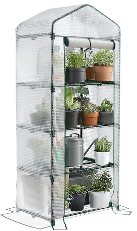 VOUNOT® Gewächshaus Foliengewächshaus, 4 Etagen Treibhaus Gartenhäuschen für Balkon mit 4 Regalebenen, Tomatenhaus Tomatengewächshaus, Weiß 69x49x160cm