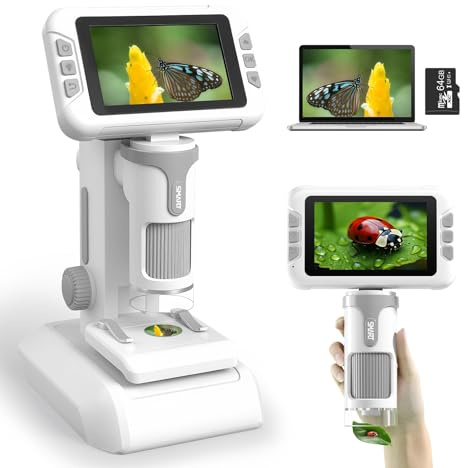 Charmofun Mikroskop für Kinder, Digitales Mikroskop mit 64GB Speicherkarte, Microscope for Kids mit 4 Zoll LCD-Display und 1600X Große Vergrößerung, Foto- und Videoaufnahme, Hand-und Stativfunktion