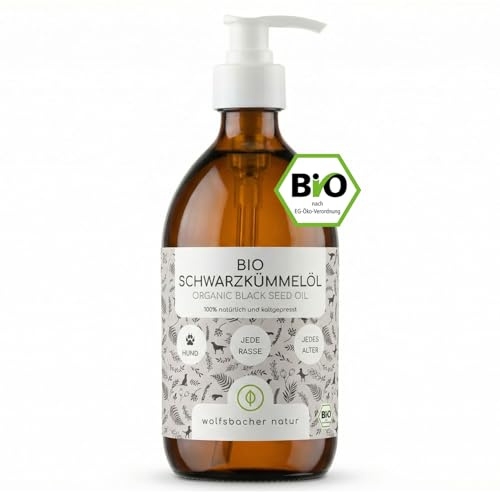 Wolfsbacher Natur Bio Schwarzkümmelöl für Hunde kaltgepresst 500 ml | Für Wald Wiese & Abenteuer: Reines Bio-Schwarzkümmelöl mit natürlichem Thymoquinon in der Glasflasche mit Dosierpumpe