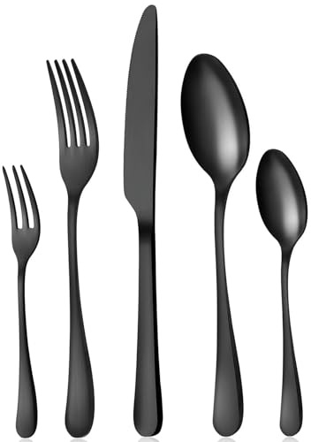 BEWOS Besteck Set Schwarz - 30-teiliges Schwarzes Besteck für 6 Personen aus Spülmaschinenfestem Edelstahl, inklusive Messer, Gabeln und Löffeln