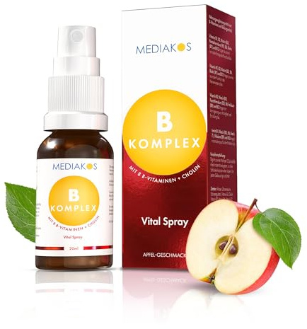Mediakos® Vitamin B Komplex Spray - Hochdosiert & Vegan - Vitamin Präparat mit allen 8 B-Vitaminen und Cholin - B1, B2, B3 (Niacin), B6, B12 & mehr - Vital Spray mit Apfel-Geschmack (20ml)