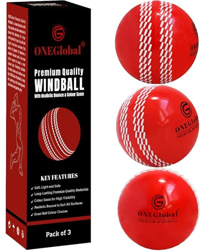 ONEGlobal Premium Windball Weiche Cricketbälle | Langlebig & sicher, farbige Naht, realistischer Sprung & Schwung | Indoor-/Outdoor-Coaching, Training, Garten & Strandspiele (3 Rot)
