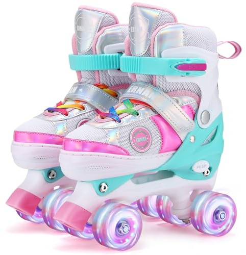 Rollschuhe Kinder Rollschuhe für Mädchen, Einstellbare Schlittschuhe mit Allen leuchtenden Rädern des Glanzspaßes für Kinder Alter 3-8 oder 6-12 Jahre alte Mädchen (S (EU28-32)) CN 31-34